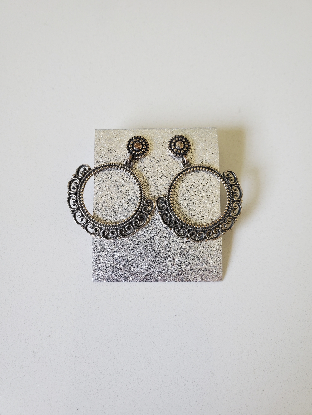 Ornate Filigree Hoop Drop Earrings - Silver Tone
